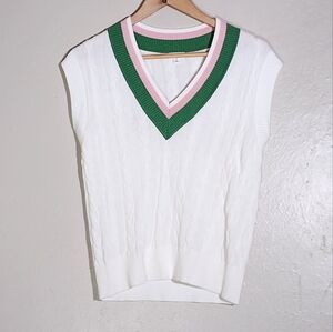 Minnie Rose White V-Neck Sweater with Green and Pink Accents